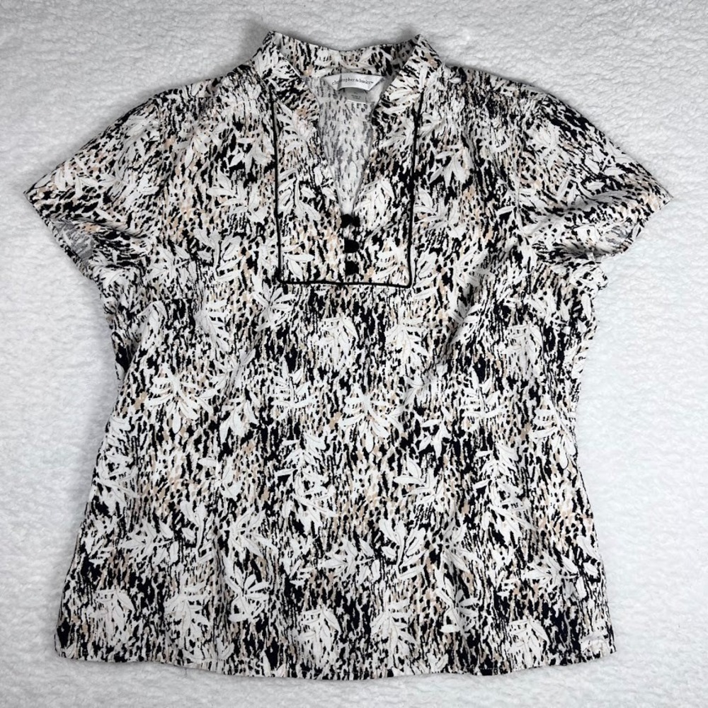 Abstract Linen Blend Blouse Tailored Fit Boho Coastal Grandma Top XL